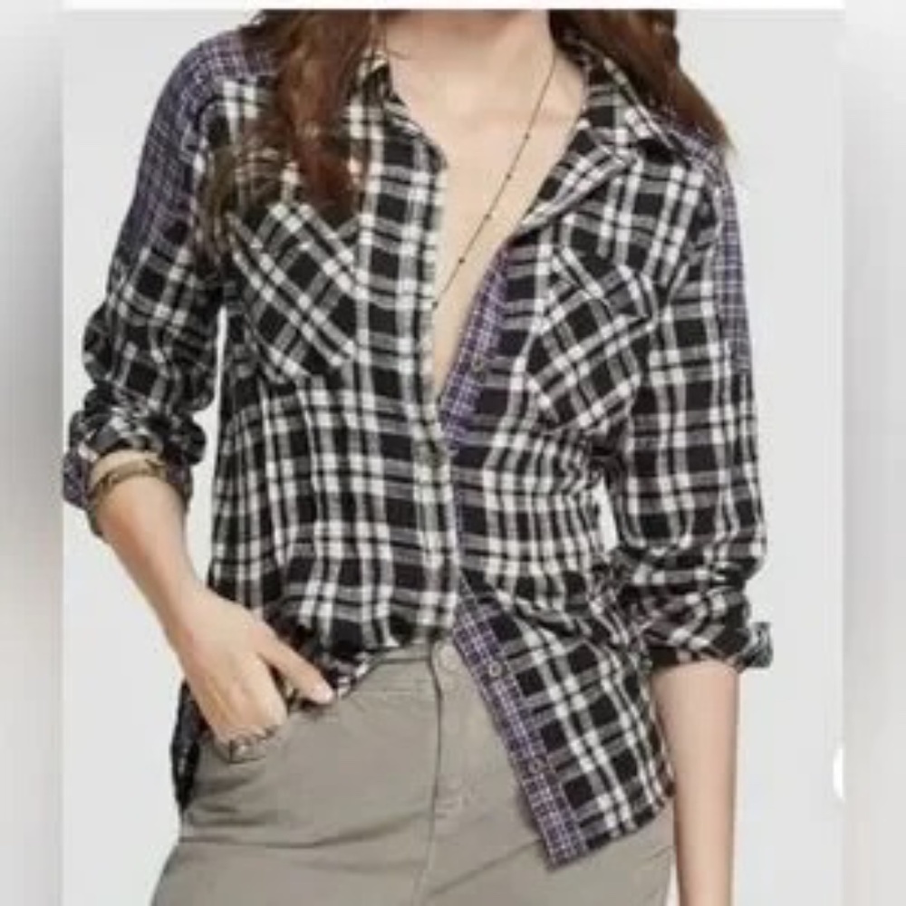 Free People Catch Up With Me Button Front Shirt Mixed Plaid, Small